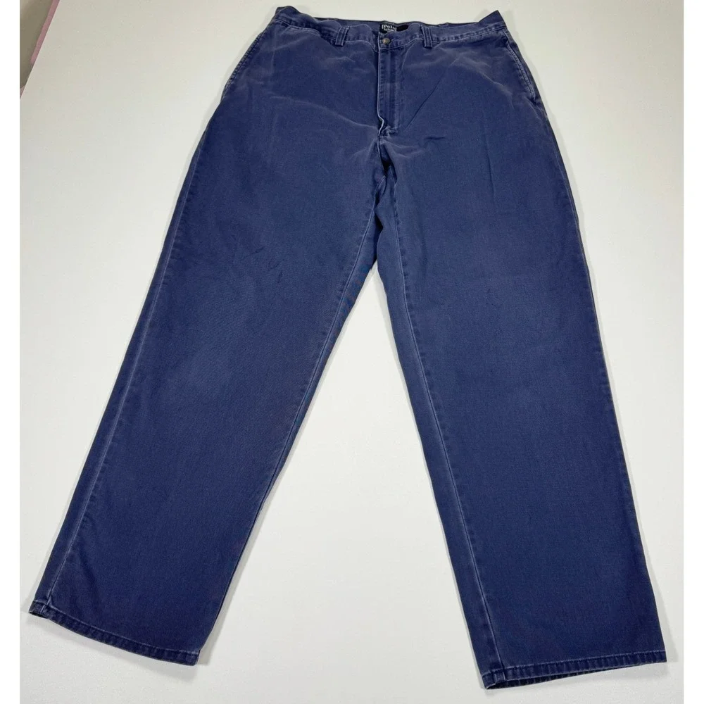 VTG Polo Ralph Lauren Chino Pants Mens 35x32 Navy Blue Faded Relaxed 90s USA